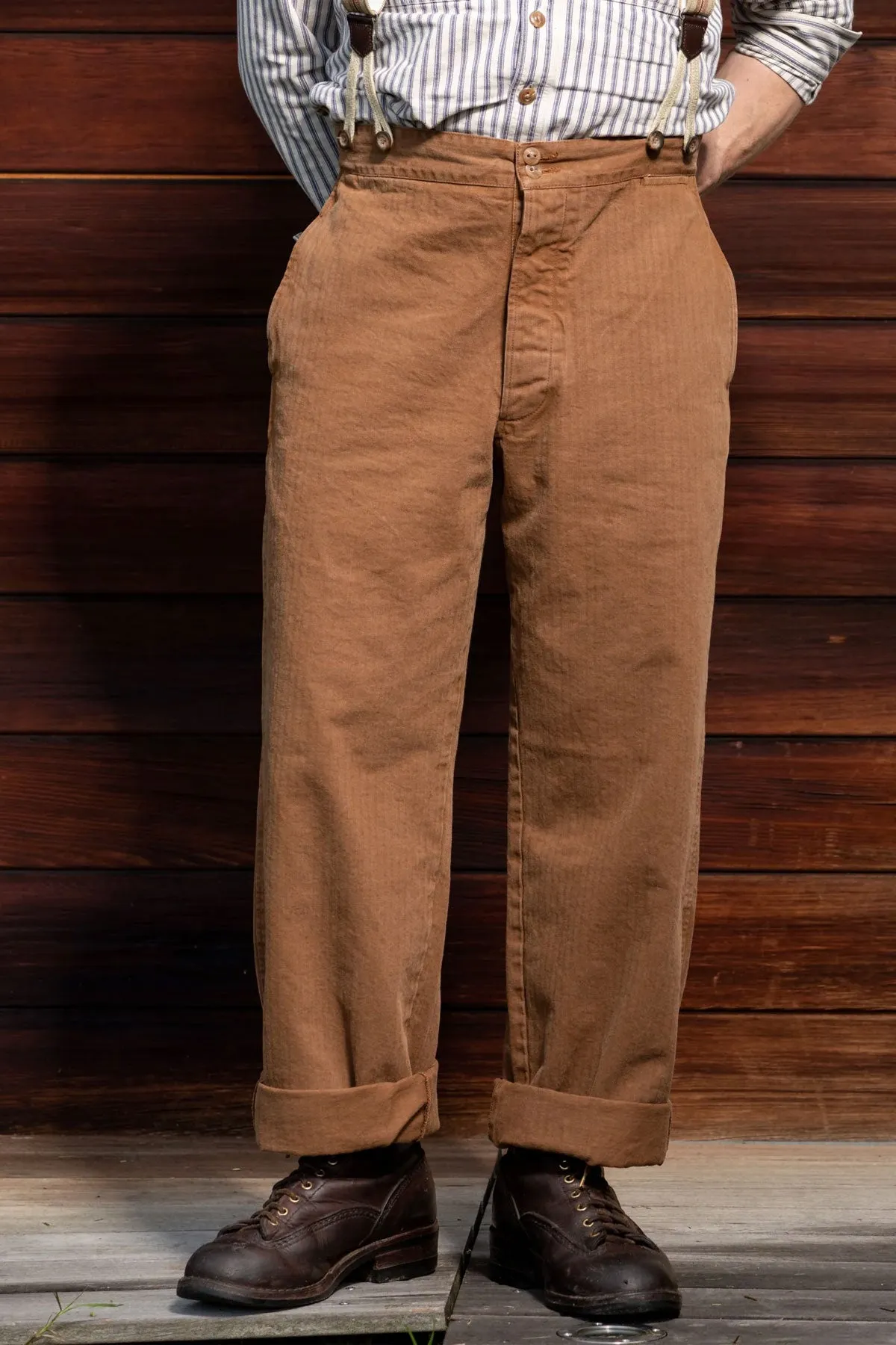 A Piece of Chic  - "Le Manard" Japanese HBT Work Pants in Rust with Suspenders