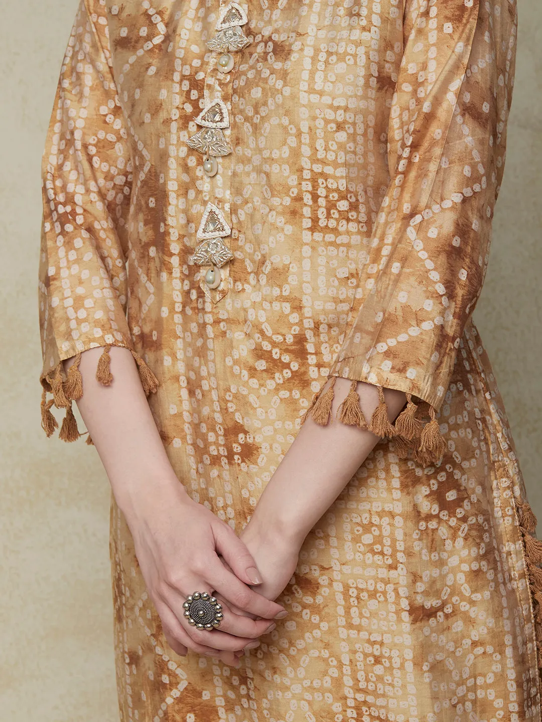 Abstract Bandhani Printed Mirror & Zari Embroidered Latkan Embellished kurta - Cream