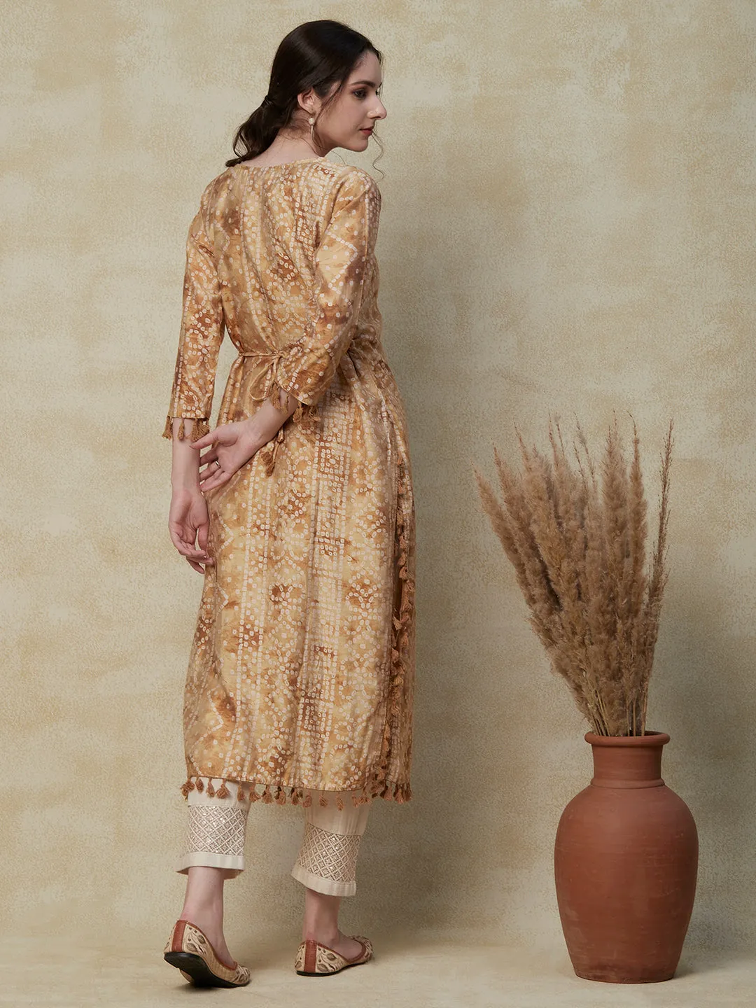 Abstract Bandhani Printed Mirror & Zari Embroidered Latkan Embellished kurta - Cream