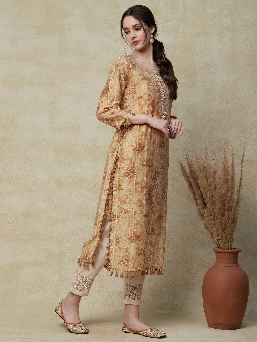 Abstract Bandhani Printed Mirror & Zari Embroidered Latkan Embellished kurta - Cream