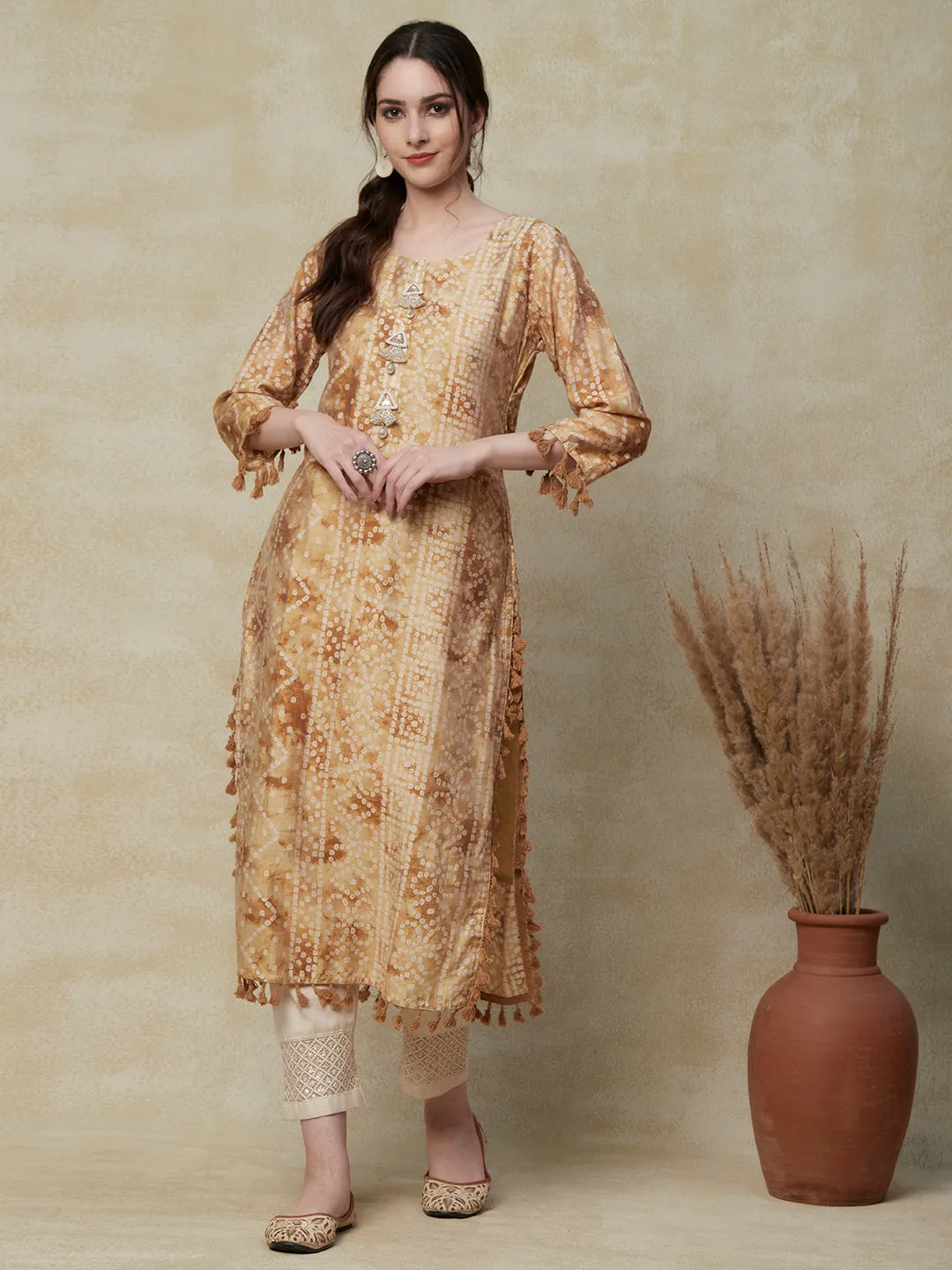 Abstract Bandhani Printed Mirror & Zari Embroidered Latkan Embellished kurta - Cream