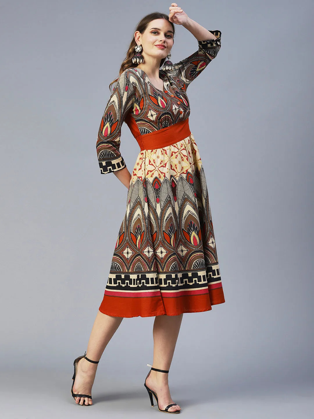 Abstract Bohemian Printed Midi Dress - Multi