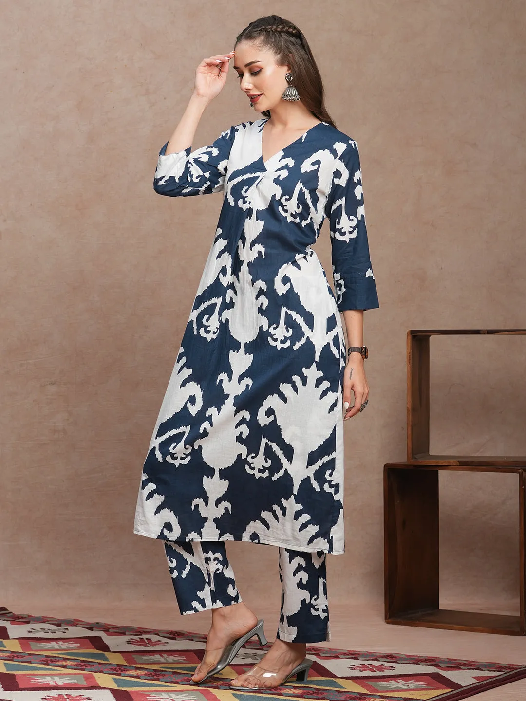 Abstract Ethnic Ikat Printed A-Line Co-ord Set - Blue