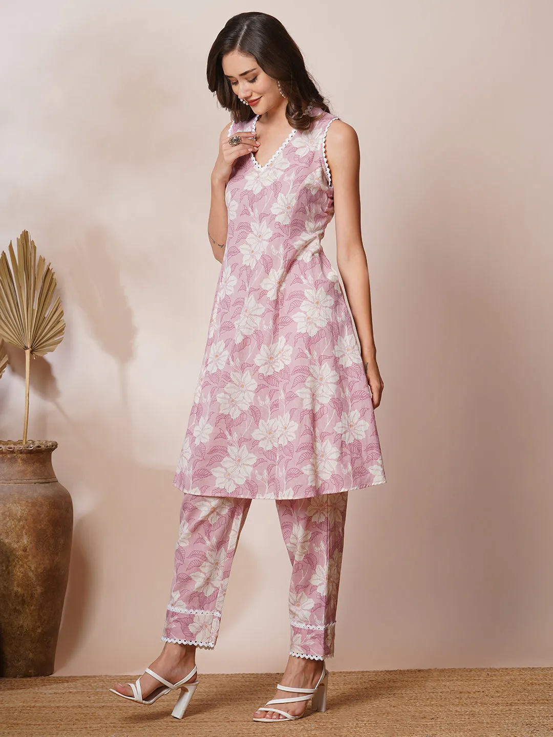 Abstract Floral Foil Printed A-Line Co-ord Set - Pink