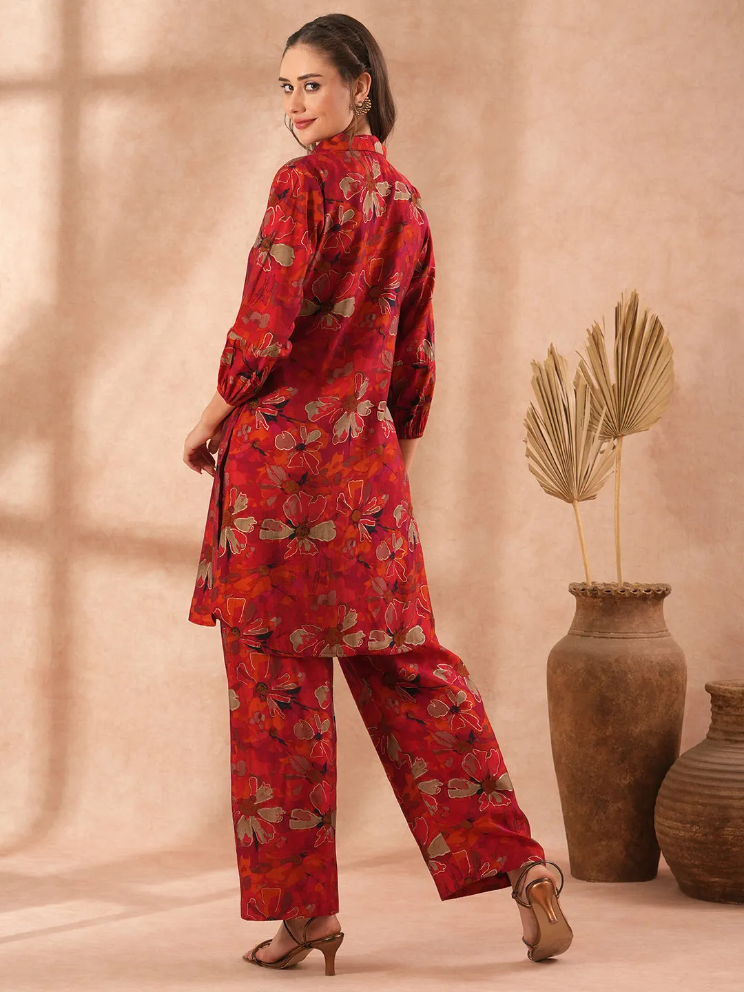 Abstract Floral Foil Printed Embroidered Straight Fit Co-ord Set - Maroon