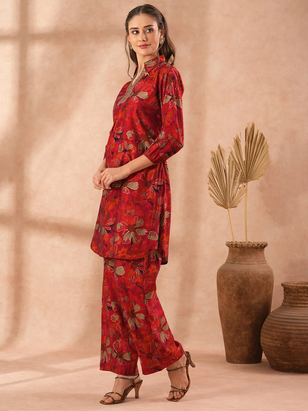 Abstract Floral Foil Printed Embroidered Straight Fit Co-ord Set - Maroon