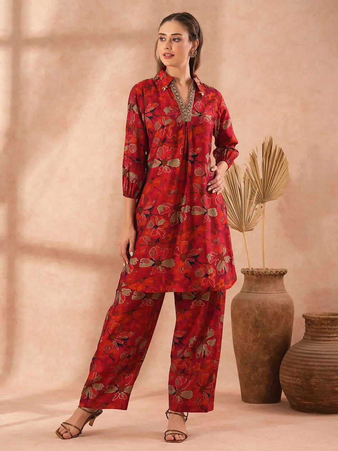 Abstract Floral Foil Printed Embroidered Straight Fit Co-ord Set - Maroon