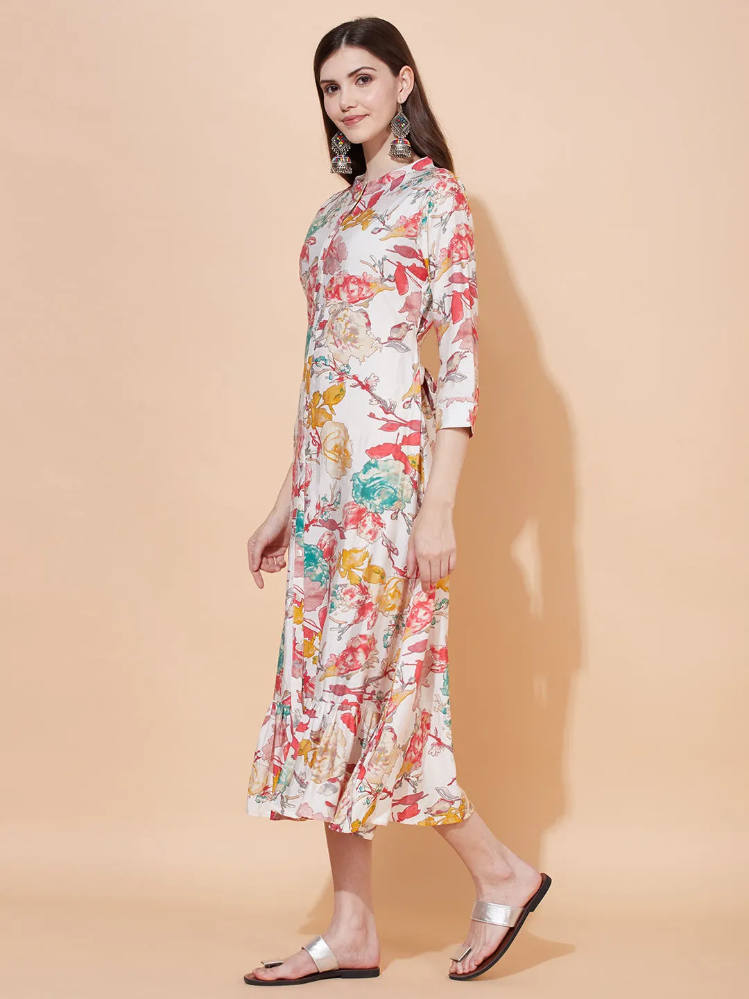 Abstract Floral Printed A-Line Midi Dress - Off White