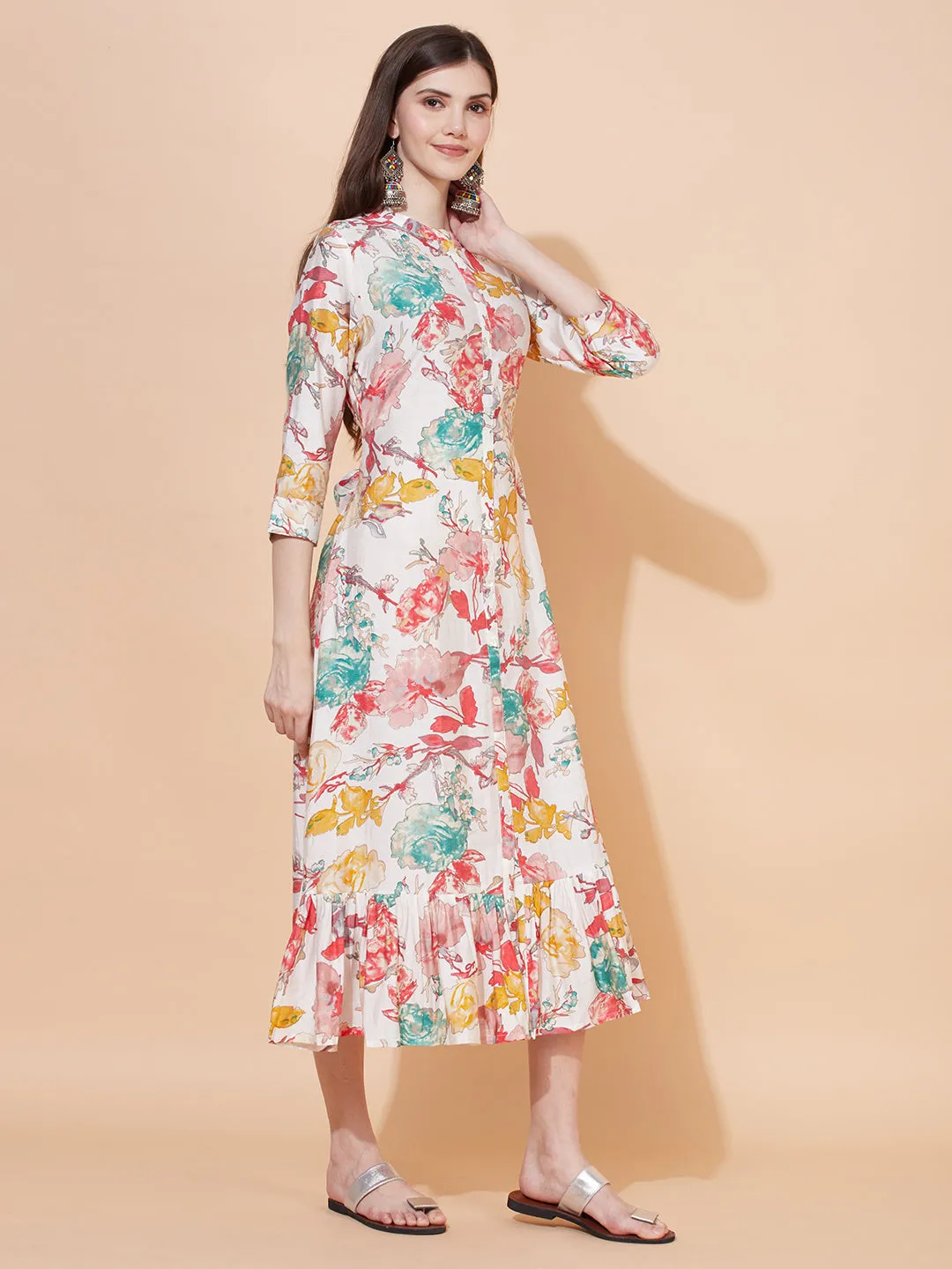 Abstract Floral Printed A-Line Midi Dress - Off White