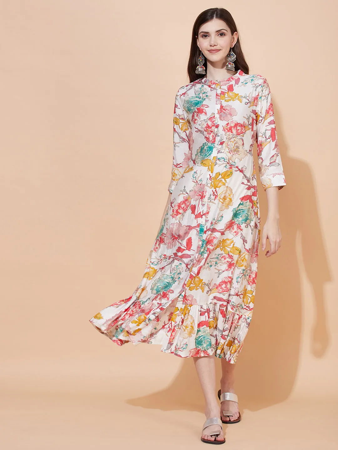 Abstract Floral Printed A-Line Midi Dress - Off White