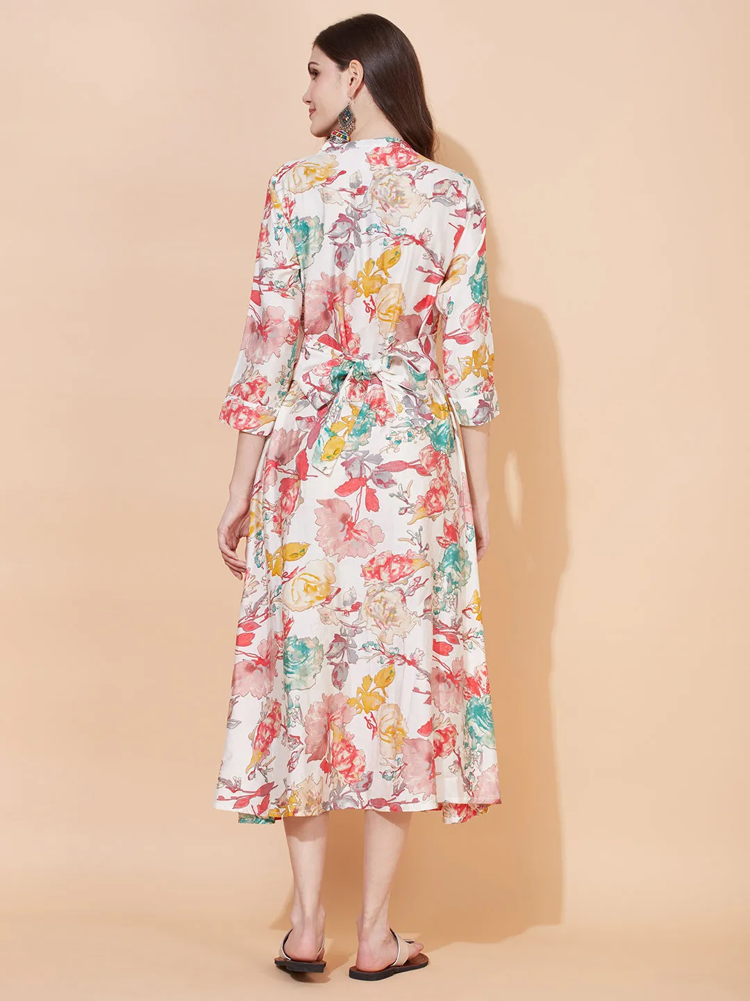 Abstract Floral Printed A-Line Midi Dress - Off White