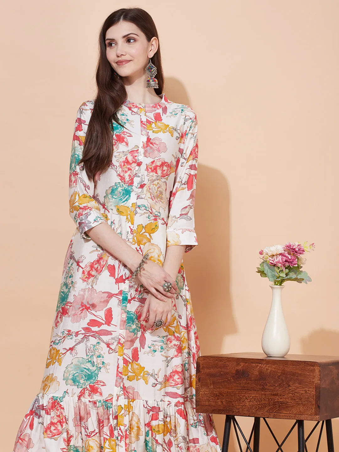 Abstract Floral Printed A-Line Midi Dress - Off White