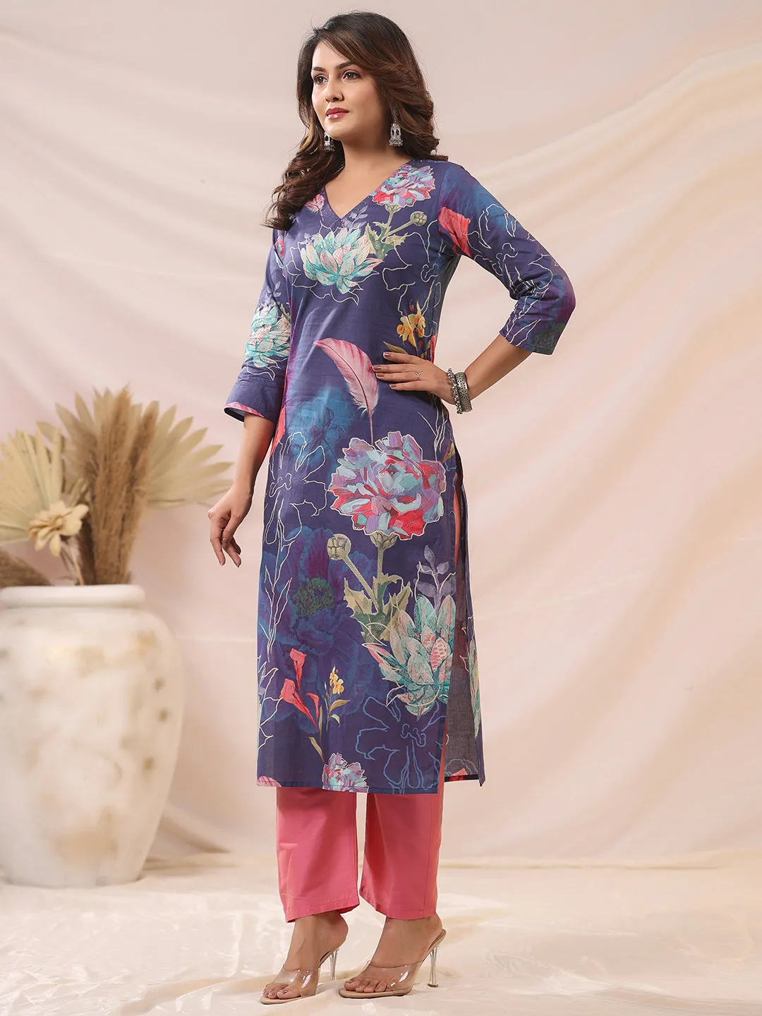 Abstract Floral Printed & Beads Embroidered Straight Kurta - Blue