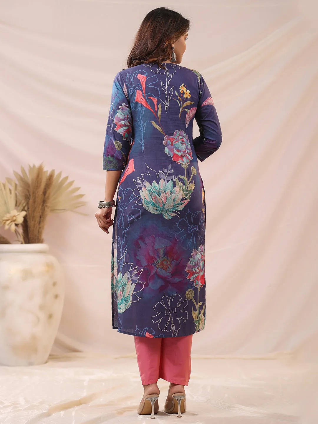 Abstract Floral Printed & Beads Embroidered Straight Kurta - Blue