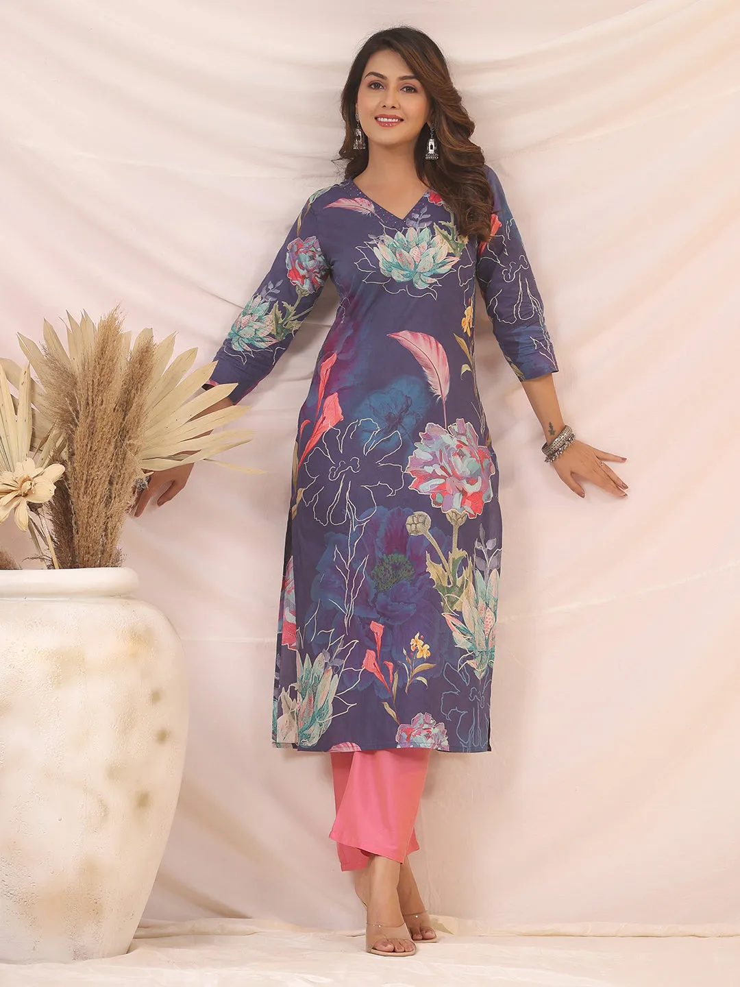 Abstract Floral Printed & Beads Embroidered Straight Kurta - Blue