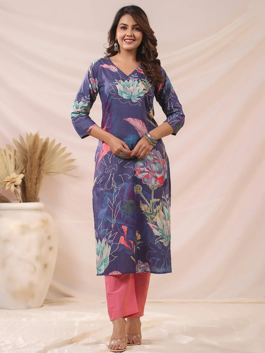 Abstract Floral Printed & Beads Embroidered Straight Kurta - Blue