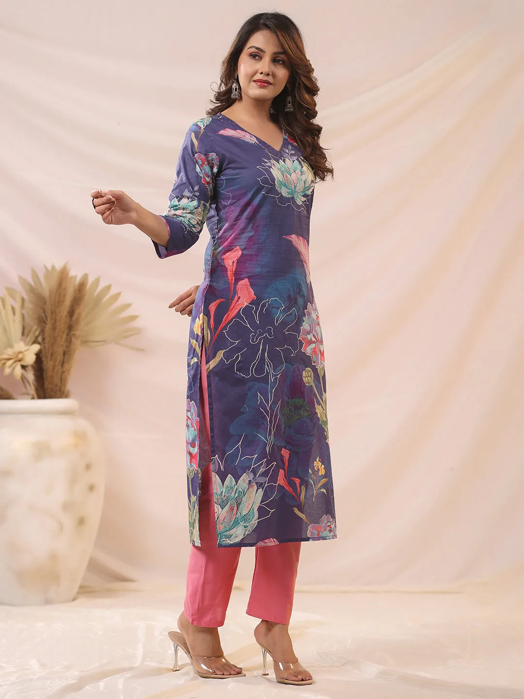 Abstract Floral Printed & Beads Embroidered Straight Kurta - Blue