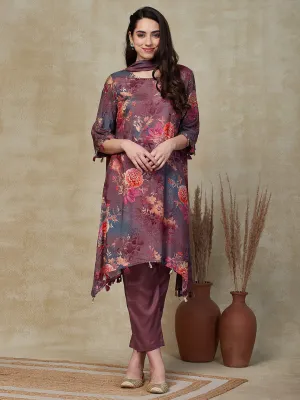 Abstract Floral Printed & Embroidered A-Line Kurta with Pant & Dupatta - Lavender