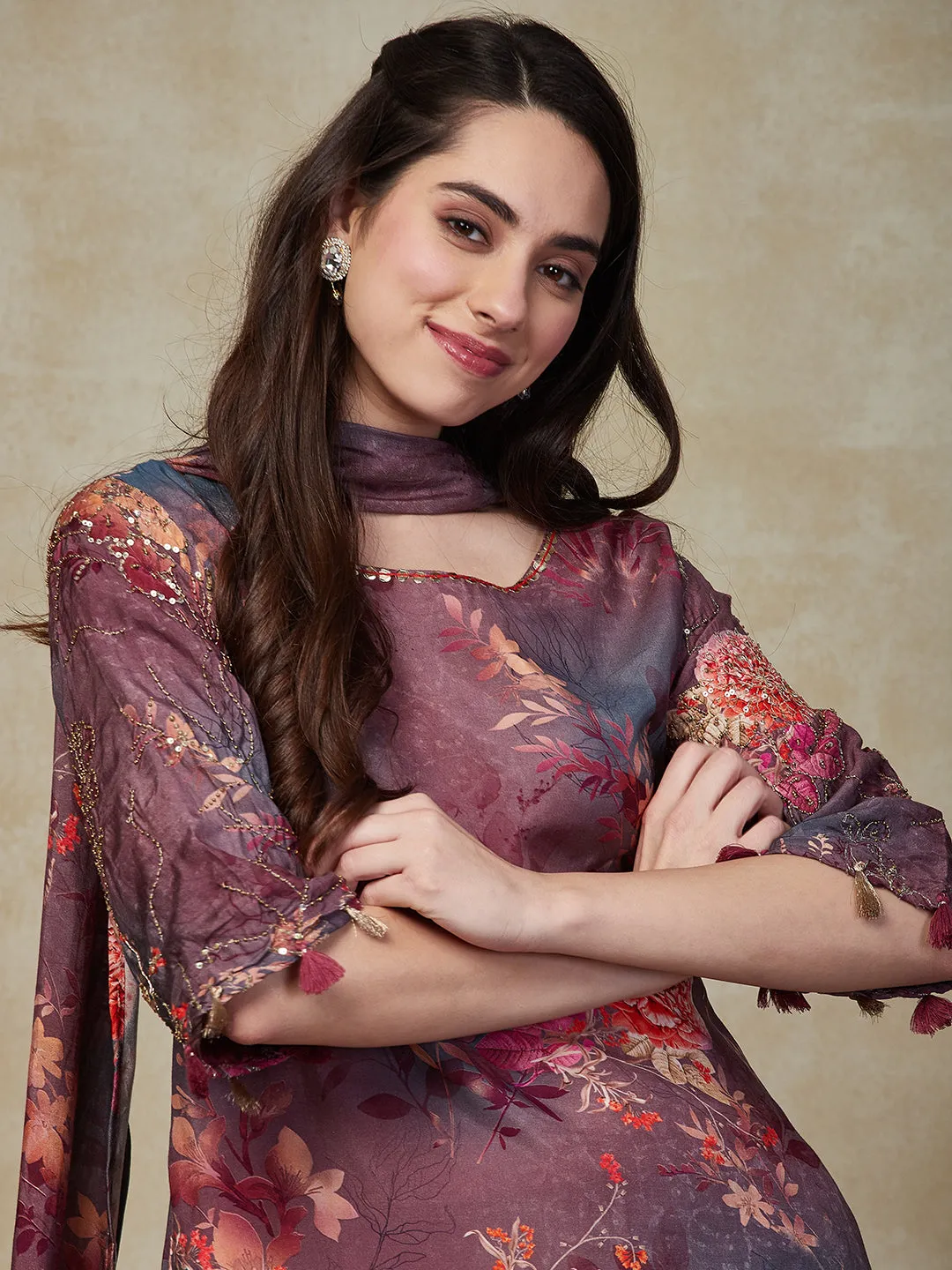 Abstract Floral Printed & Embroidered A-Line Kurta with Pant & Dupatta - Lavender