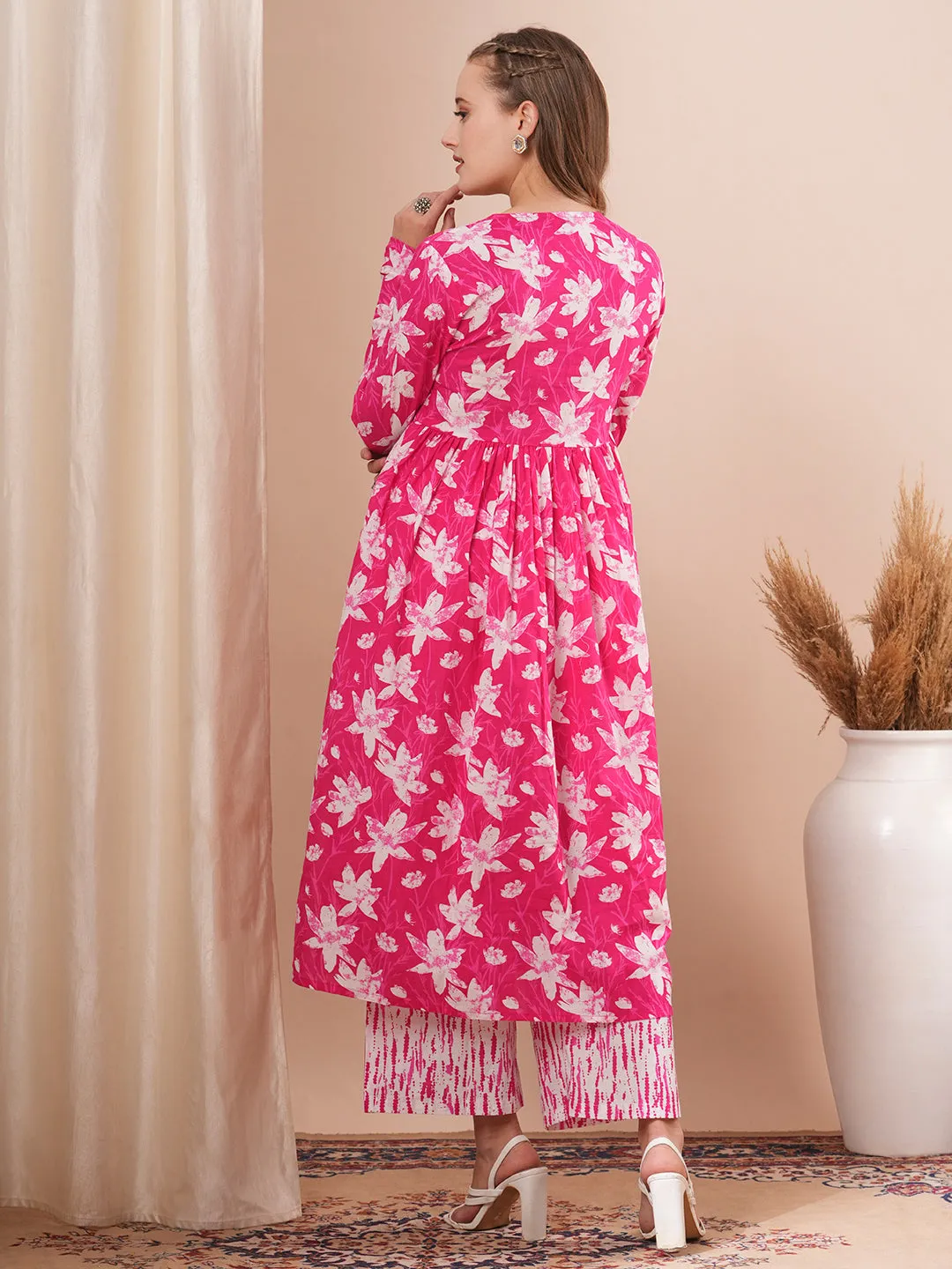 Abstract Floral Printed & Embroidered A-Line Pleated Kurta with Palazzo - Pink