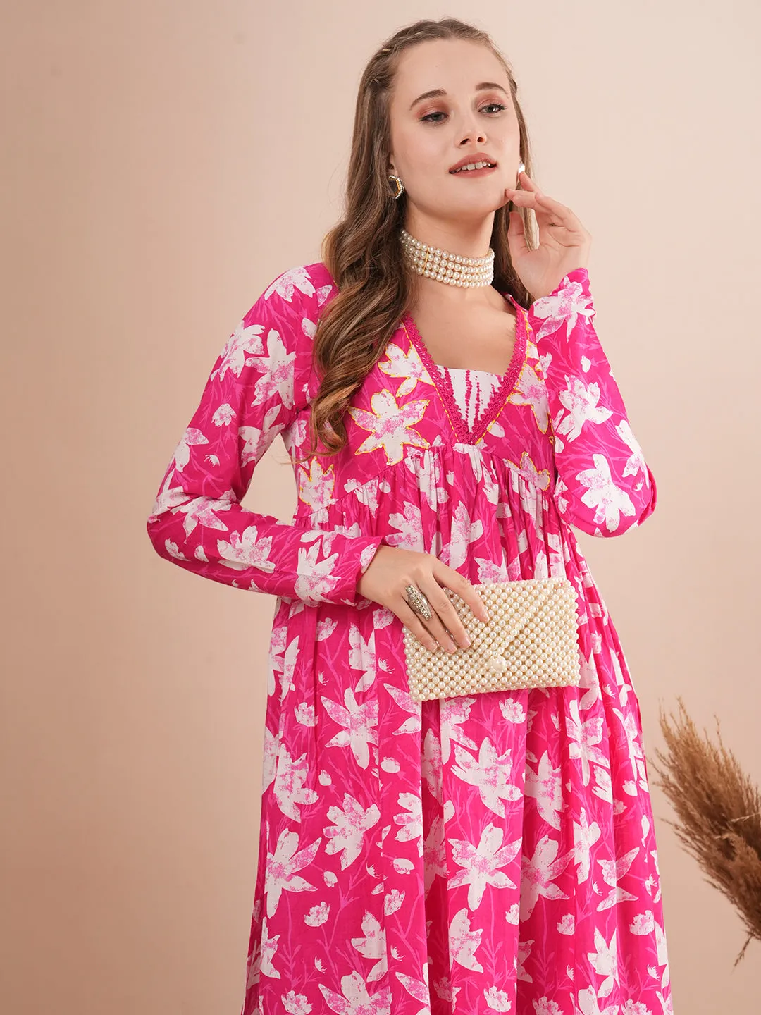 Abstract Floral Printed & Embroidered A-Line Pleated Kurta with Palazzo - Pink