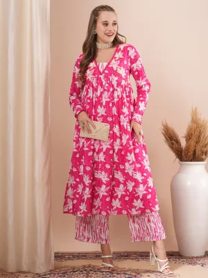 Abstract Floral Printed & Embroidered A-Line Pleated Kurta with Palazzo - Pink