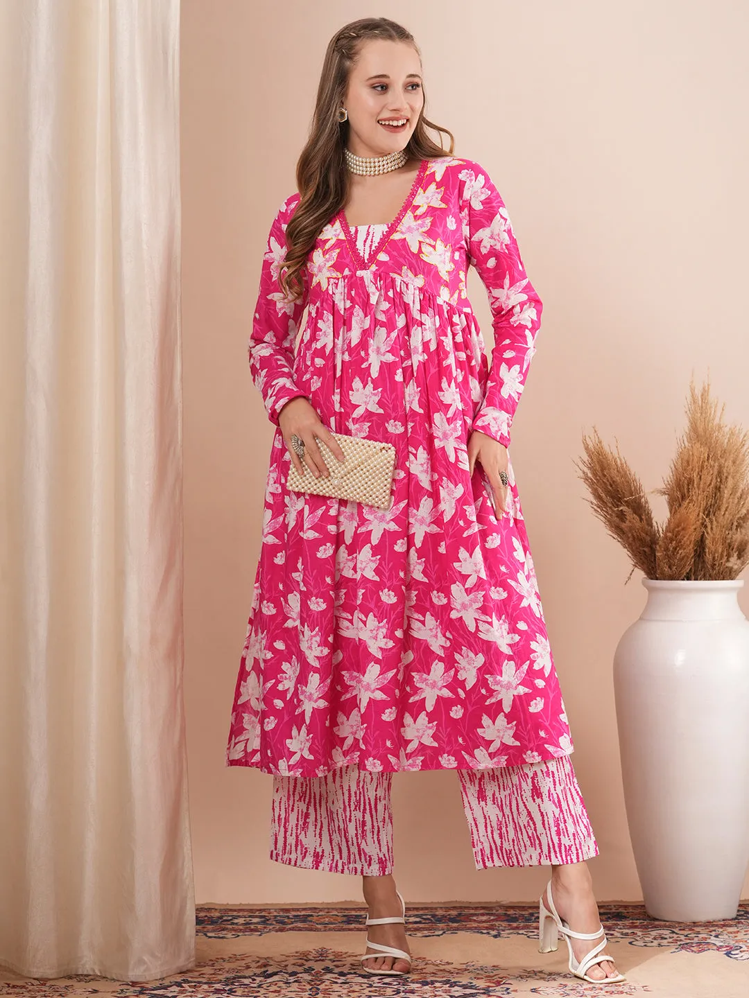 Abstract Floral Printed & Embroidered A-Line Pleated Kurta with Palazzo - Pink