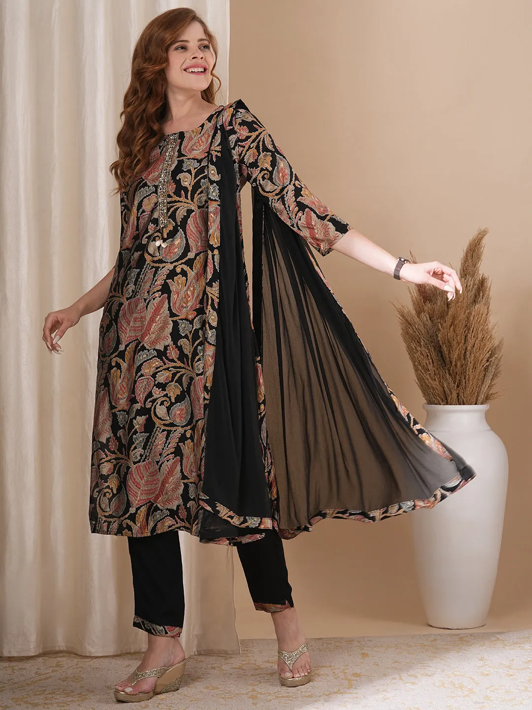 Abstract Floral Printed & Embroidered Straight Kurta with Pant & Dupatta - Black