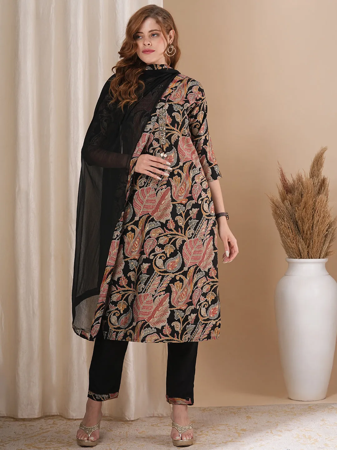 Abstract Floral Printed & Embroidered Straight Kurta with Pant & Dupatta - Black