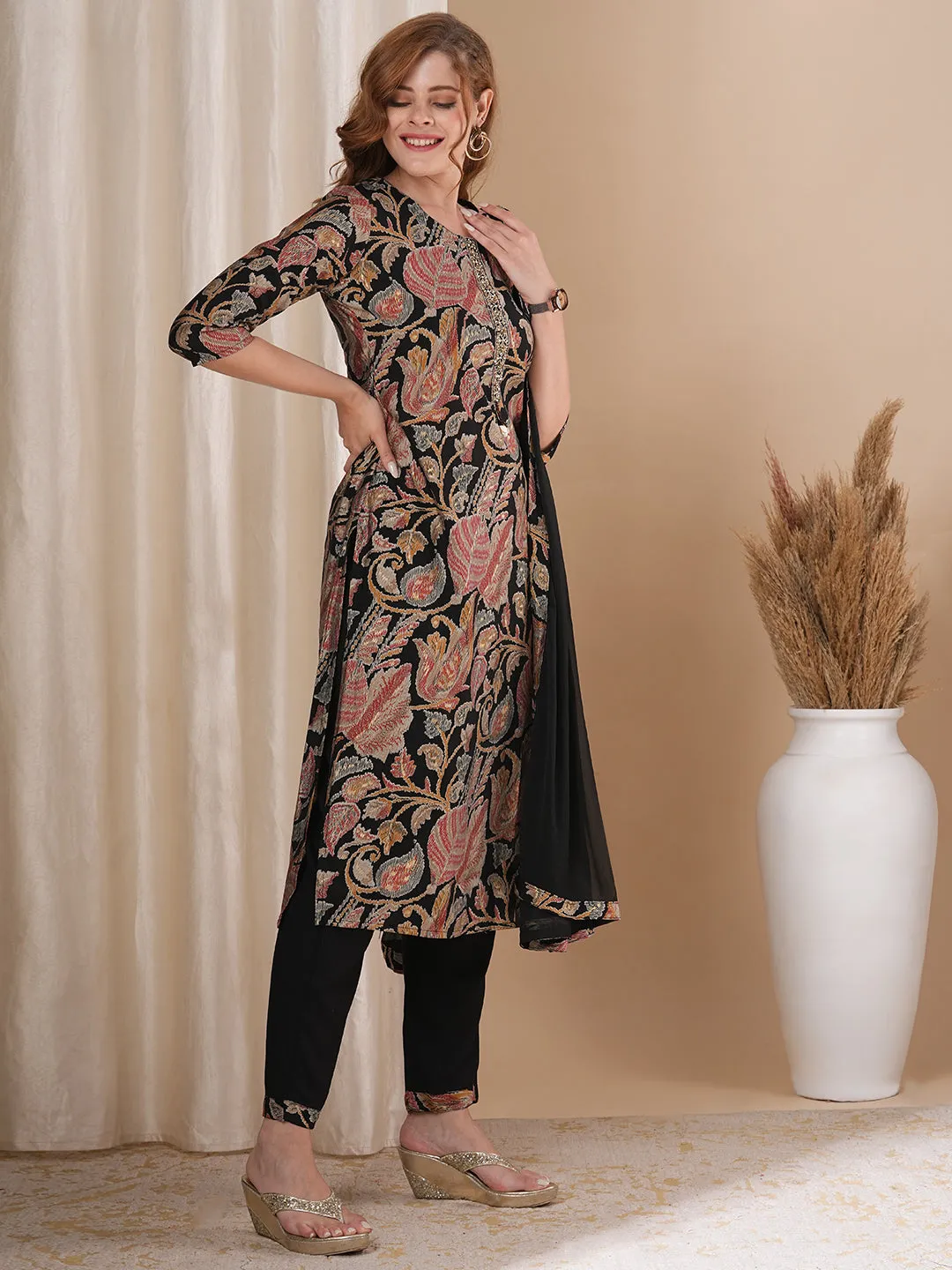 Abstract Floral Printed & Embroidered Straight Kurta with Pant & Dupatta - Black