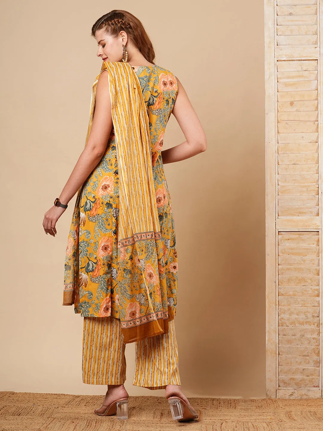 Abstract Floral Printed Straight Fit Kurta with Palazzo & Dupatta - Yellow