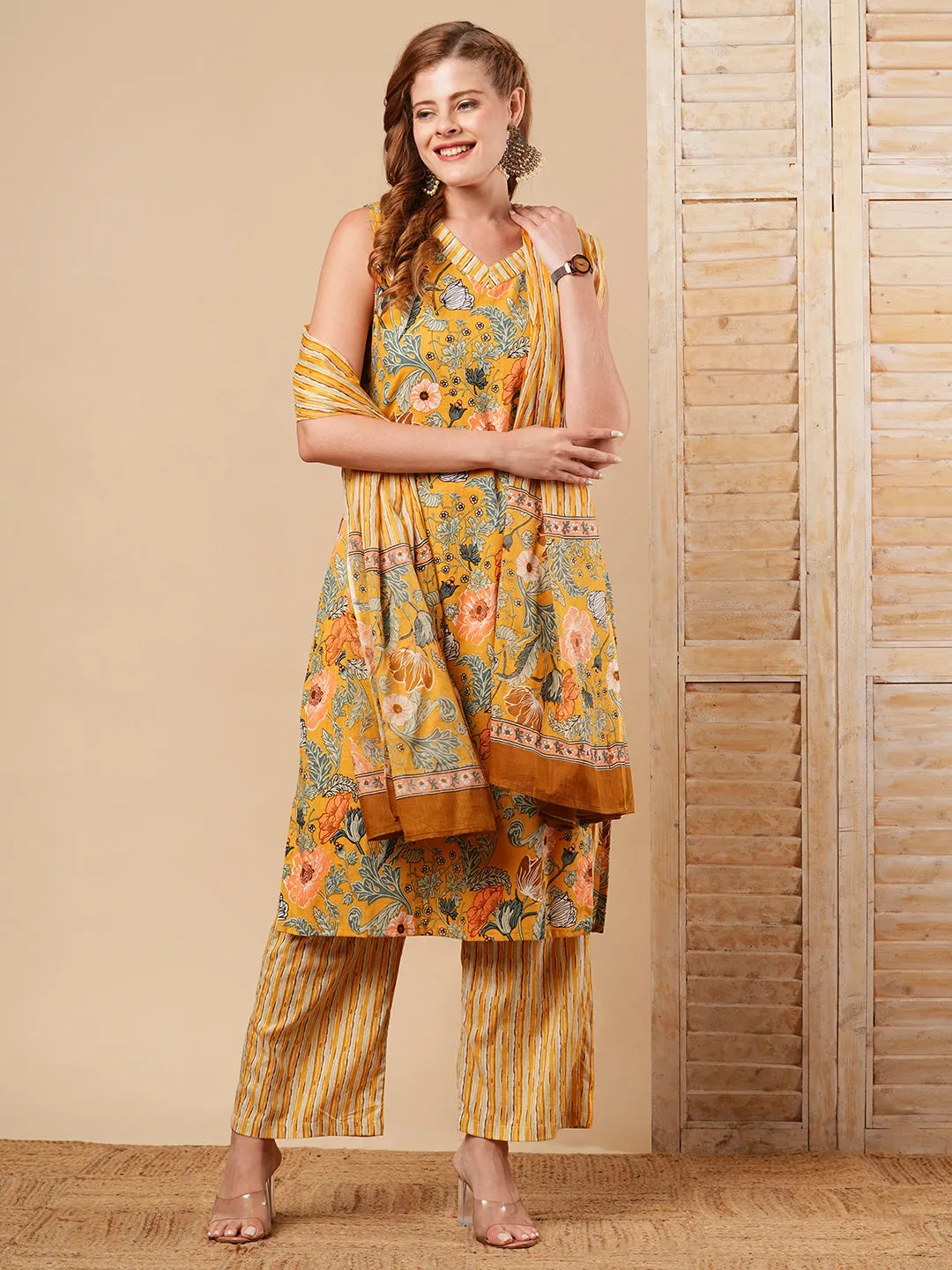 Abstract Floral Printed Straight Fit Kurta with Palazzo & Dupatta - Yellow