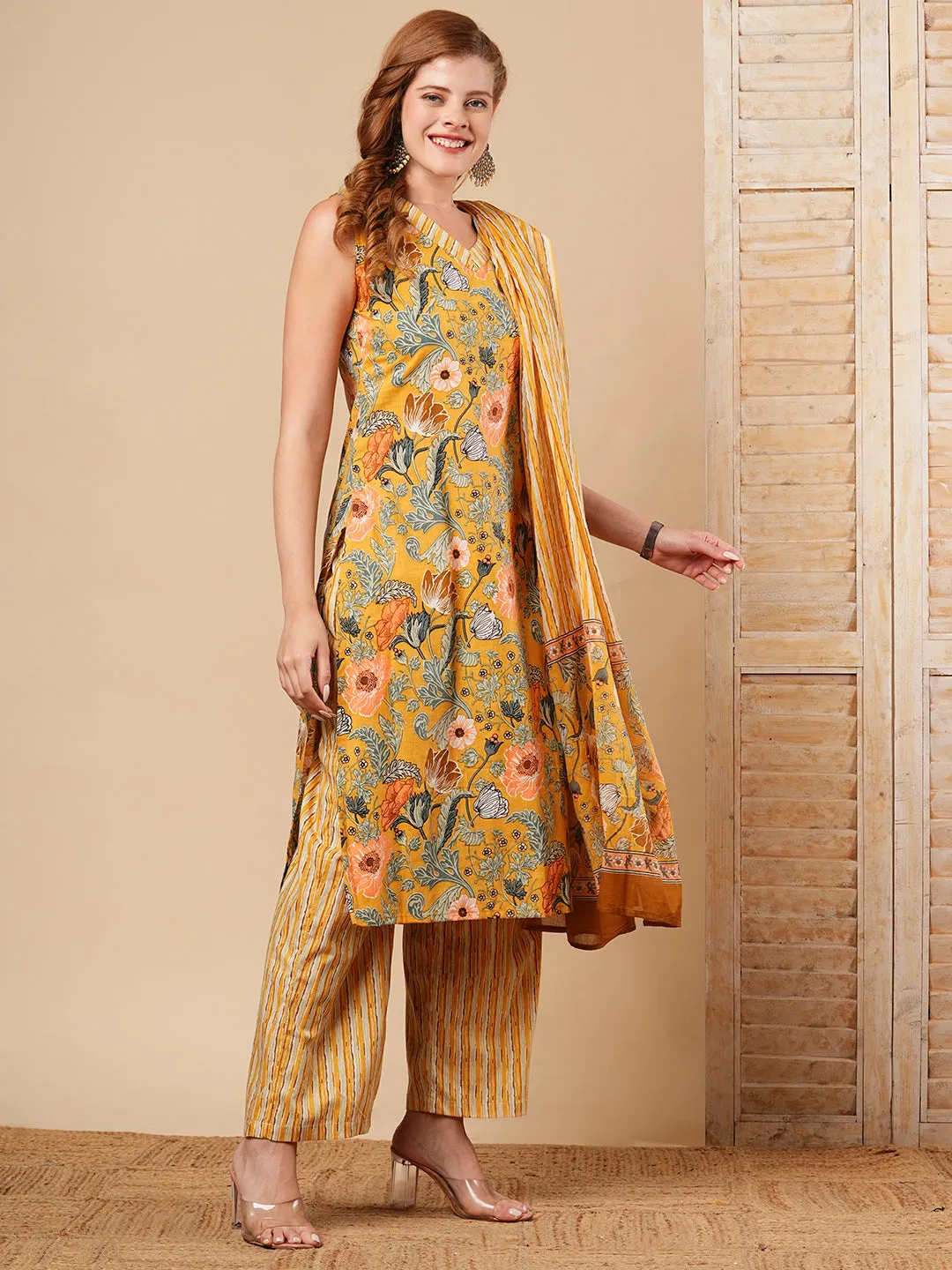 Abstract Floral Printed Straight Fit Kurta with Palazzo & Dupatta - Yellow