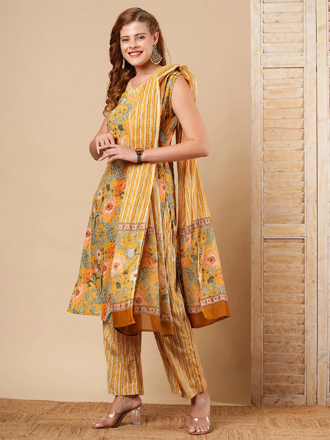 Abstract Floral Printed Straight Fit Kurta with Palazzo & Dupatta - Yellow