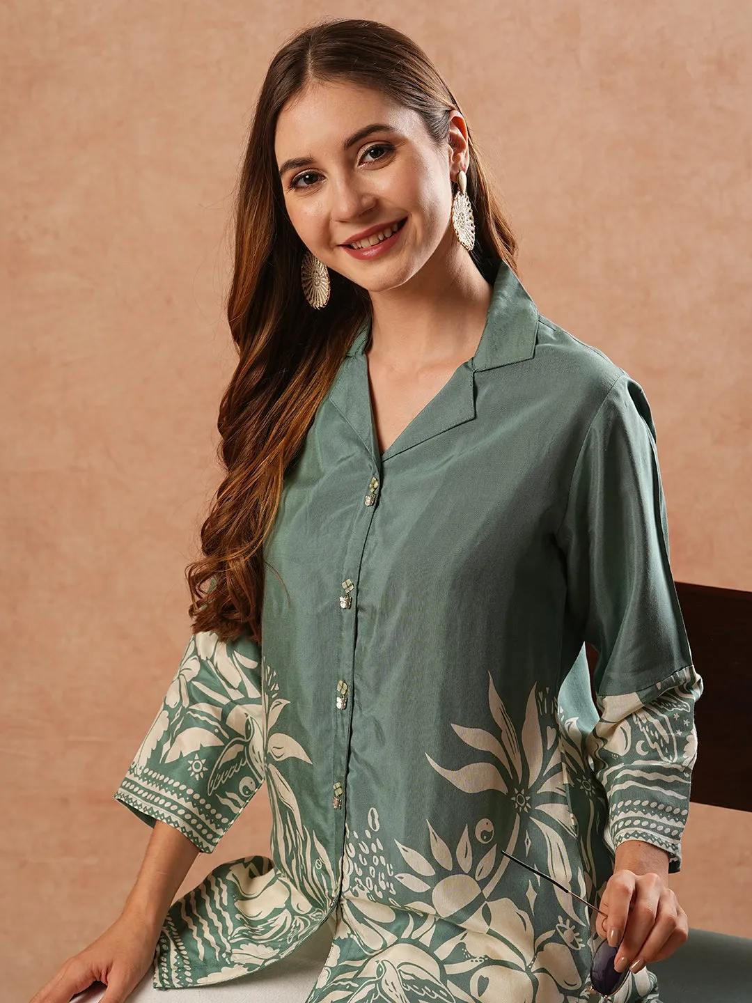 Abstract Floral Printed Straight Fit Kurti - Green