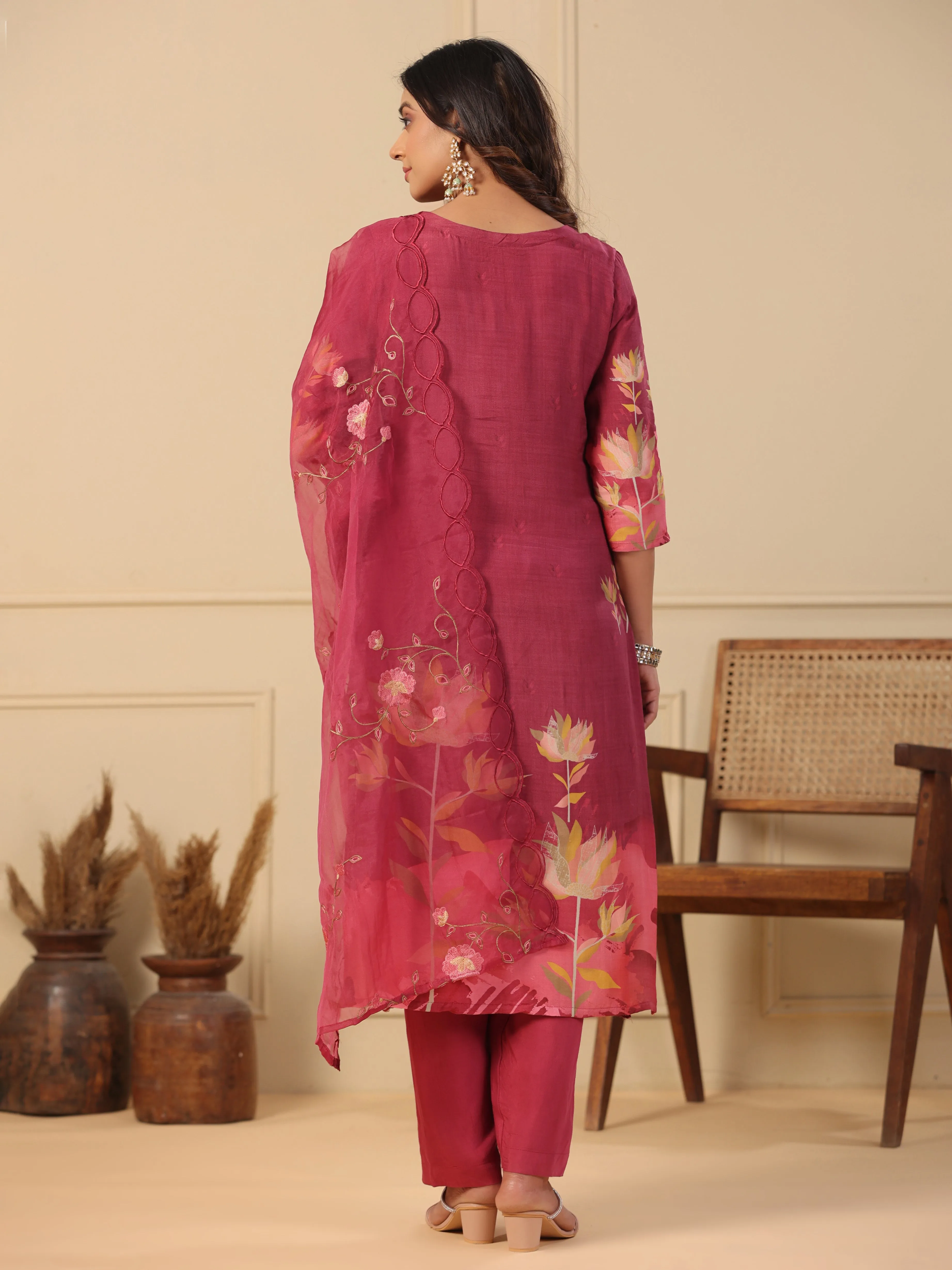 Abstract Floral Printed Straight Kurta with Pant & Embroidered Dupatta - Burgundy