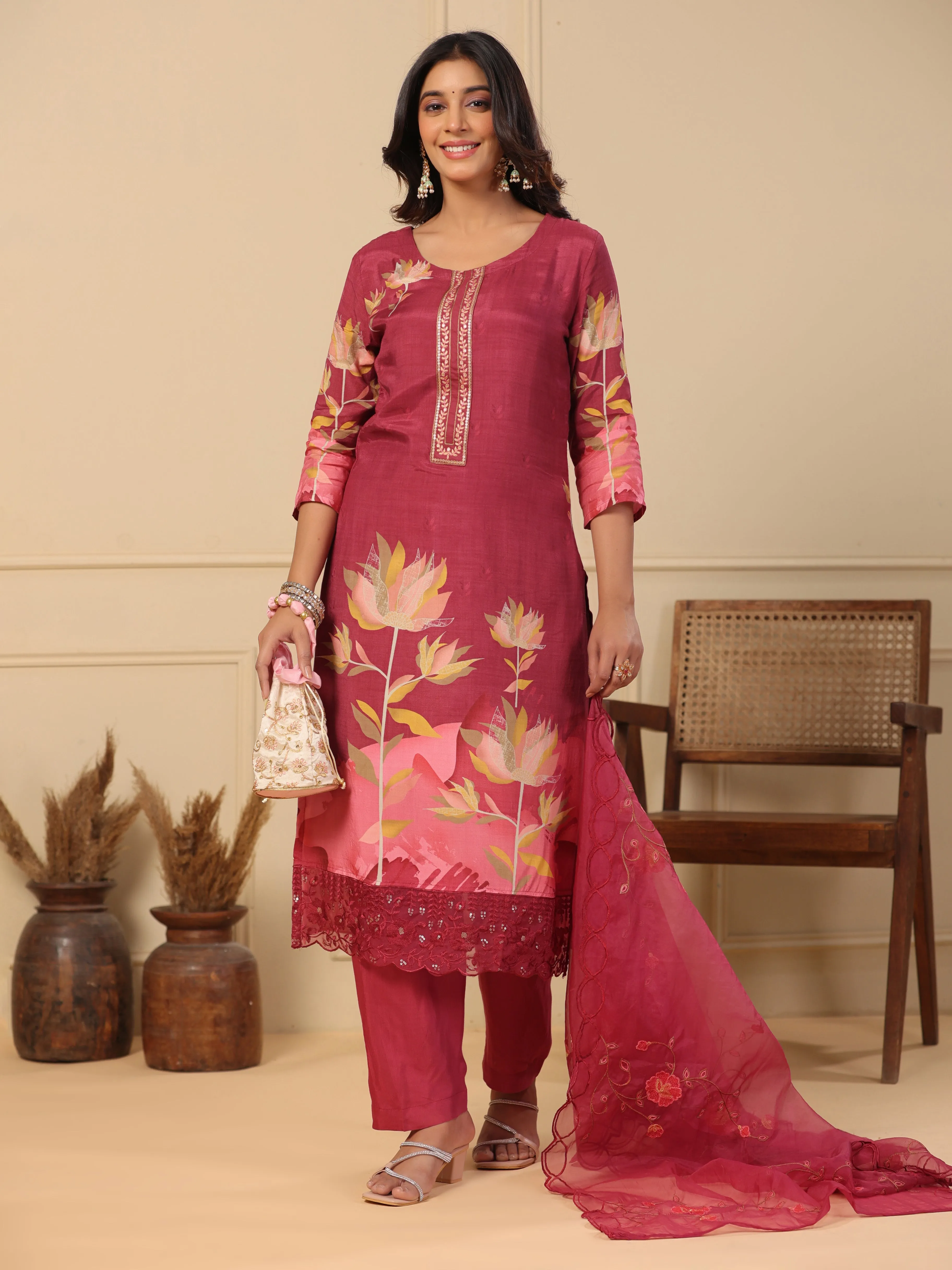 Abstract Floral Printed Straight Kurta with Pant & Embroidered Dupatta - Burgundy