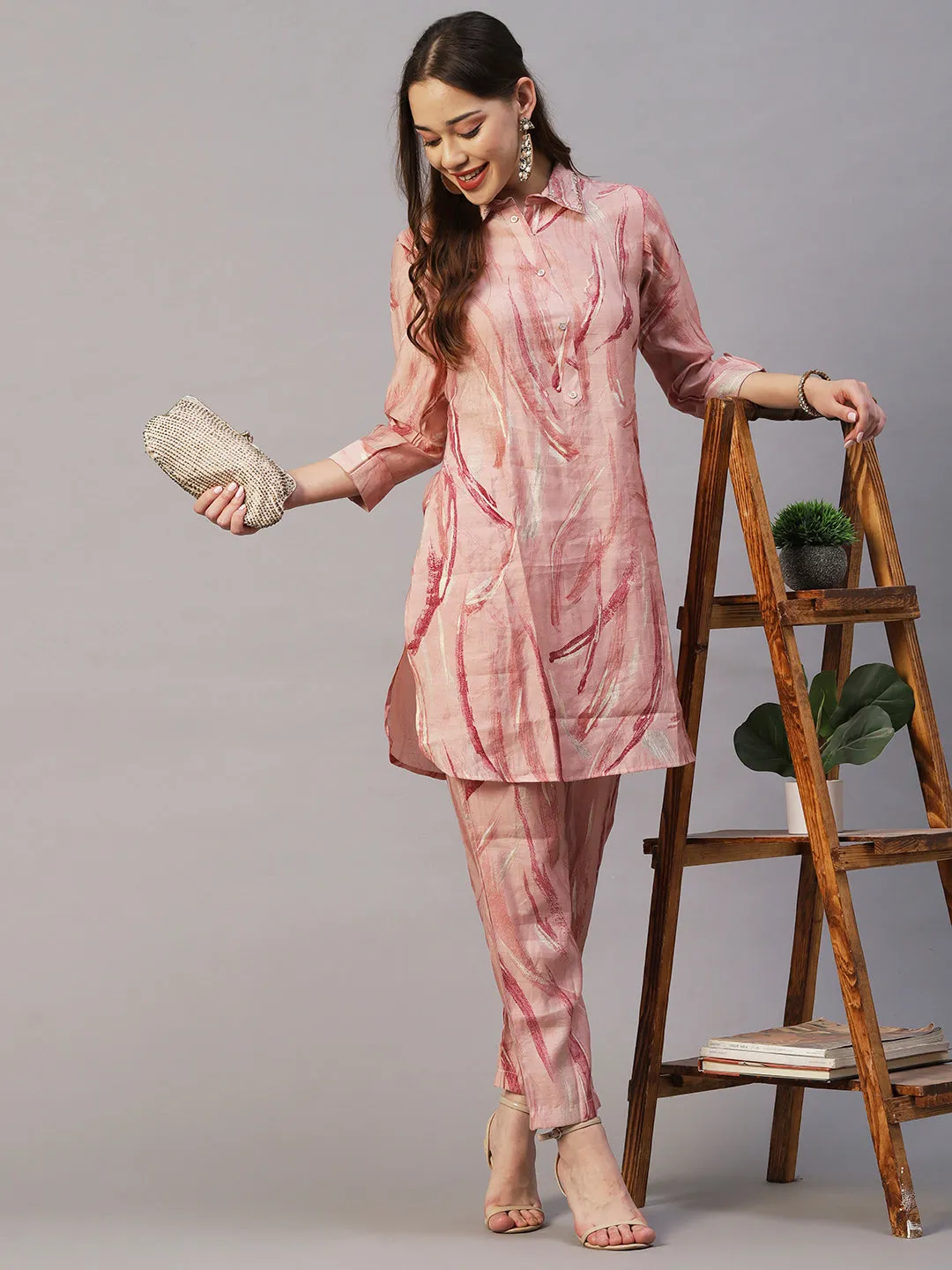 Abstract Foil Printed Sequins & Beads Embroidered Kurta With Pants Set - Pink