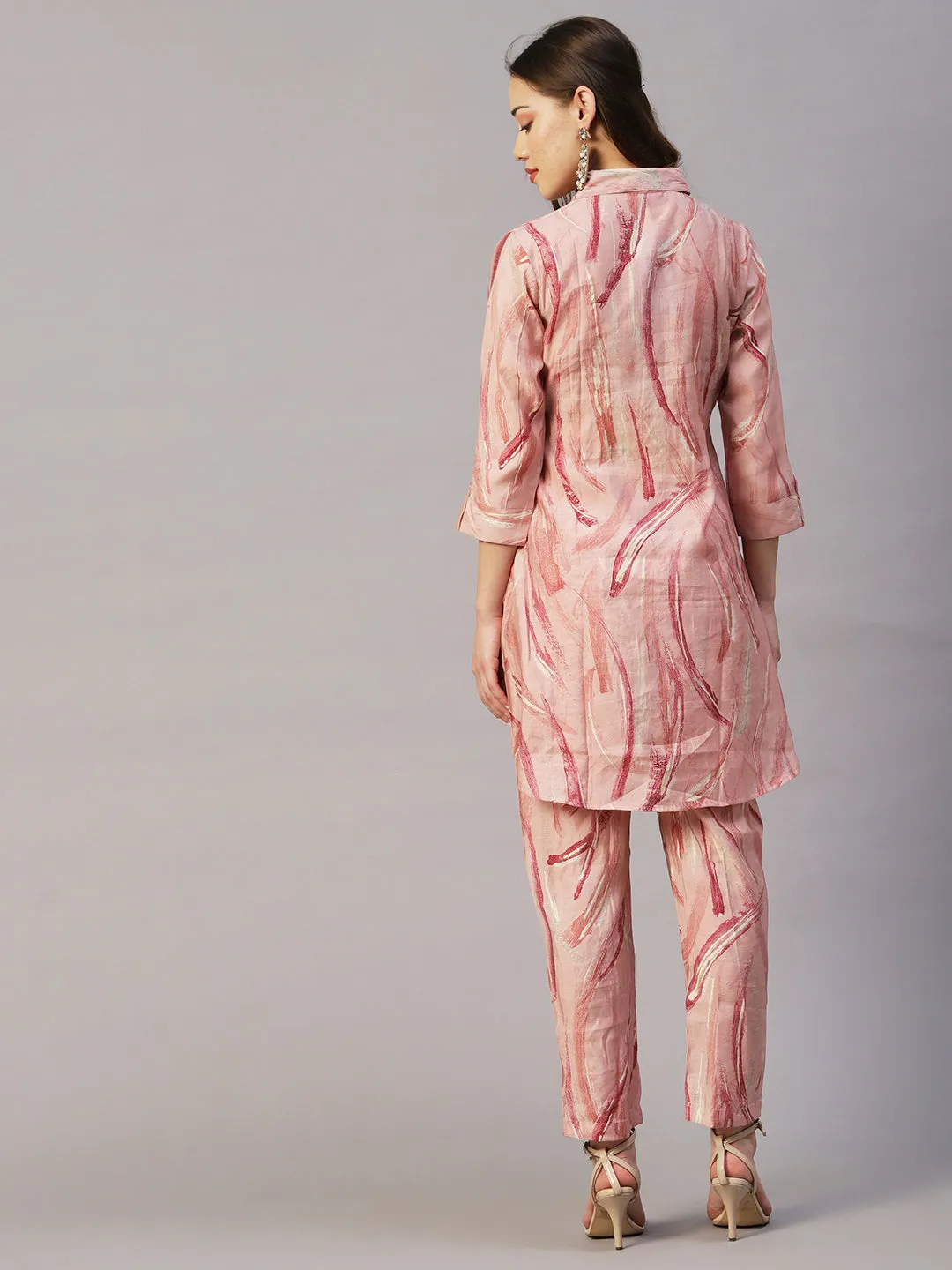 Abstract Foil Printed Sequins & Beads Embroidered Kurta With Pants Set - Pink