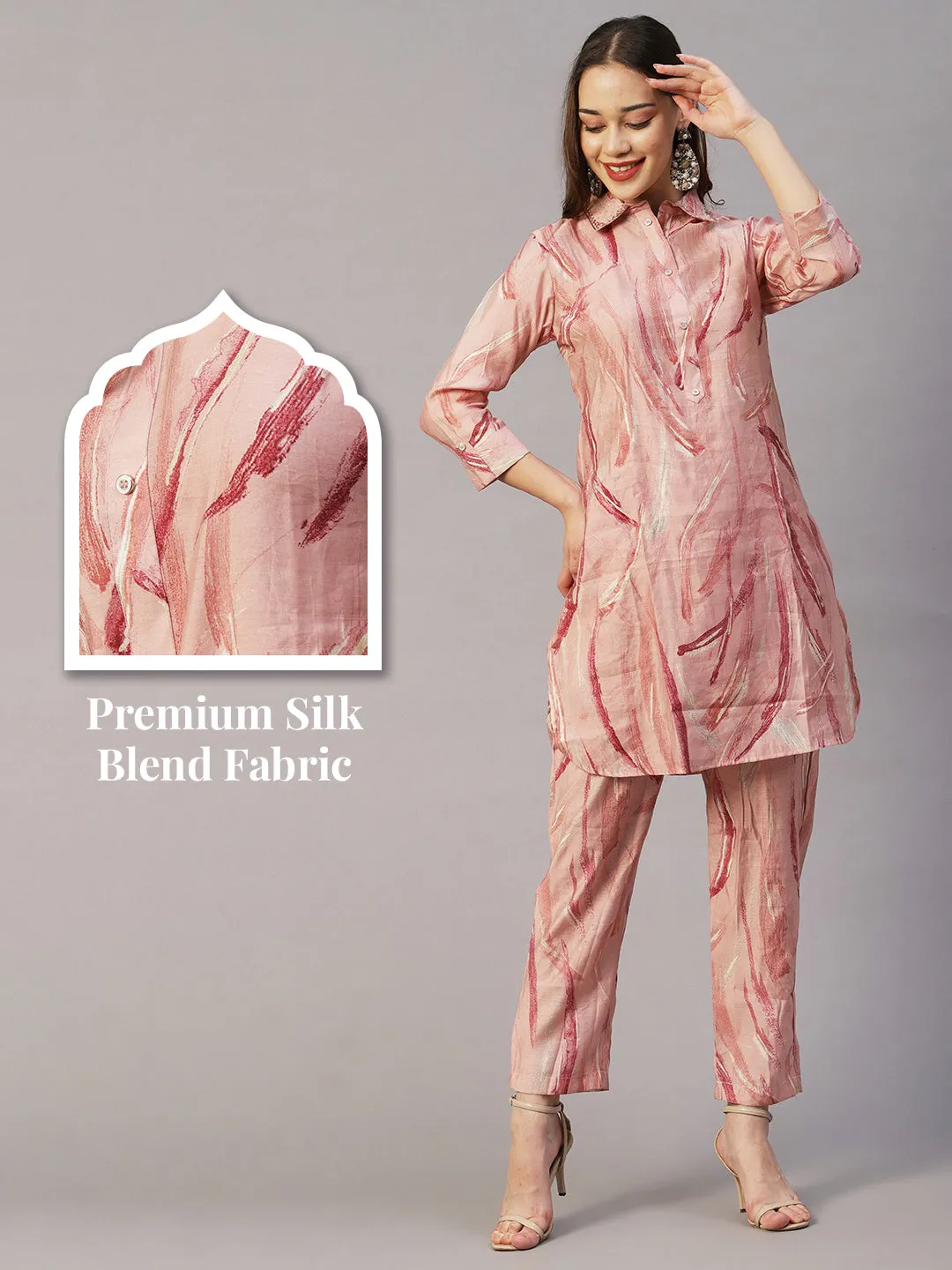 Abstract Foil Printed Sequins & Beads Embroidered Kurta With Pants Set - Pink