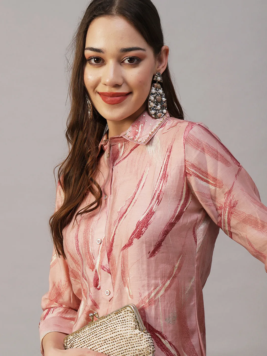 Abstract Foil Printed Sequins & Beads Embroidered Kurta With Pants Set - Pink