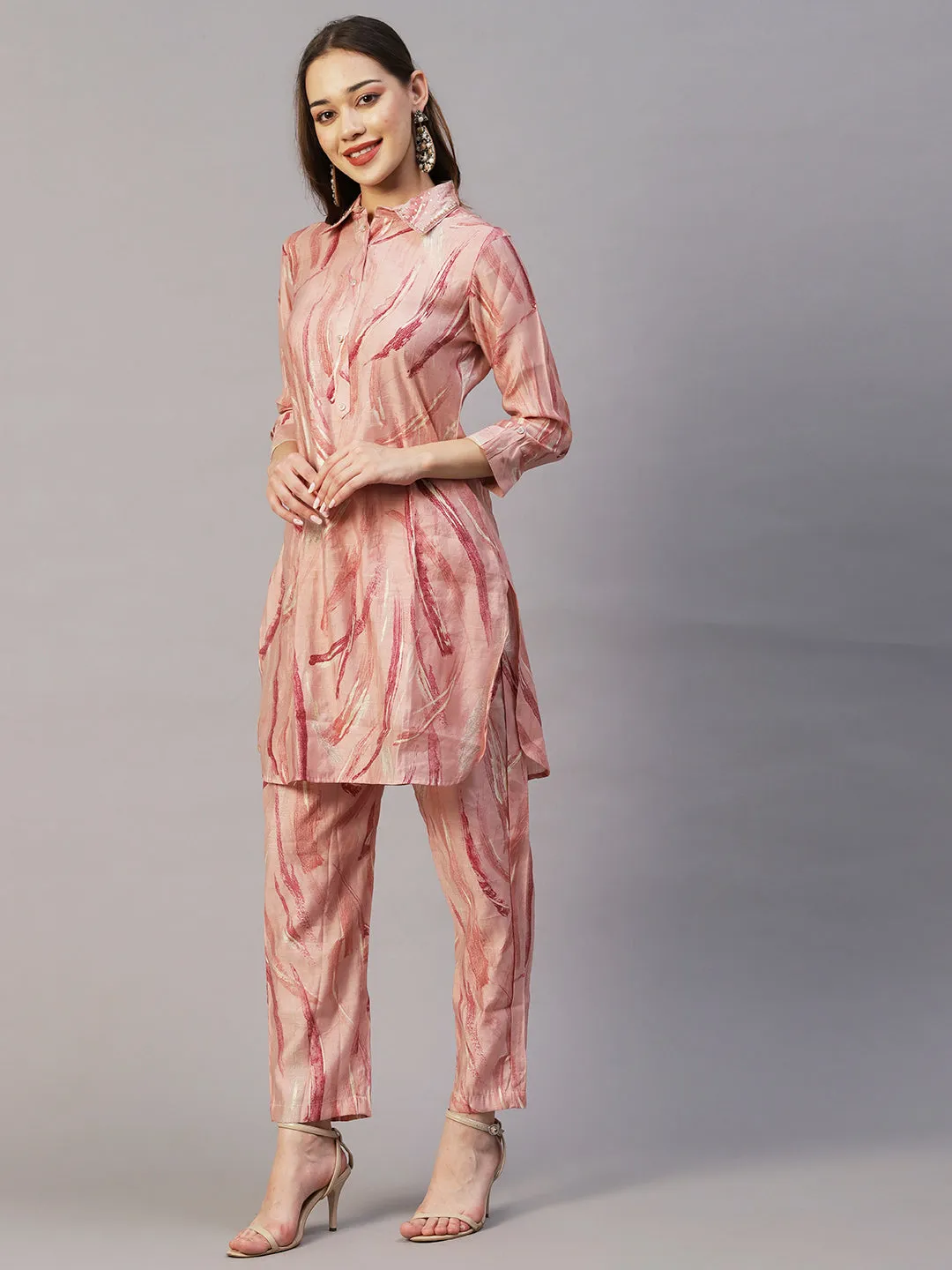 Abstract Foil Printed Sequins & Beads Embroidered Kurta With Pants Set - Pink