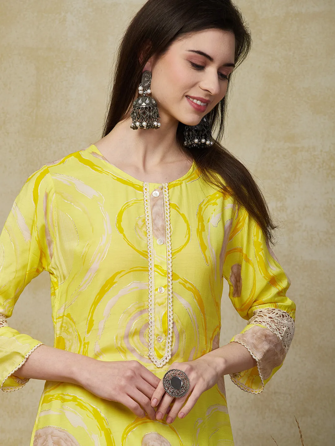 Abstract Geometric Foil Printed Straight Fit Kurta - Yellow