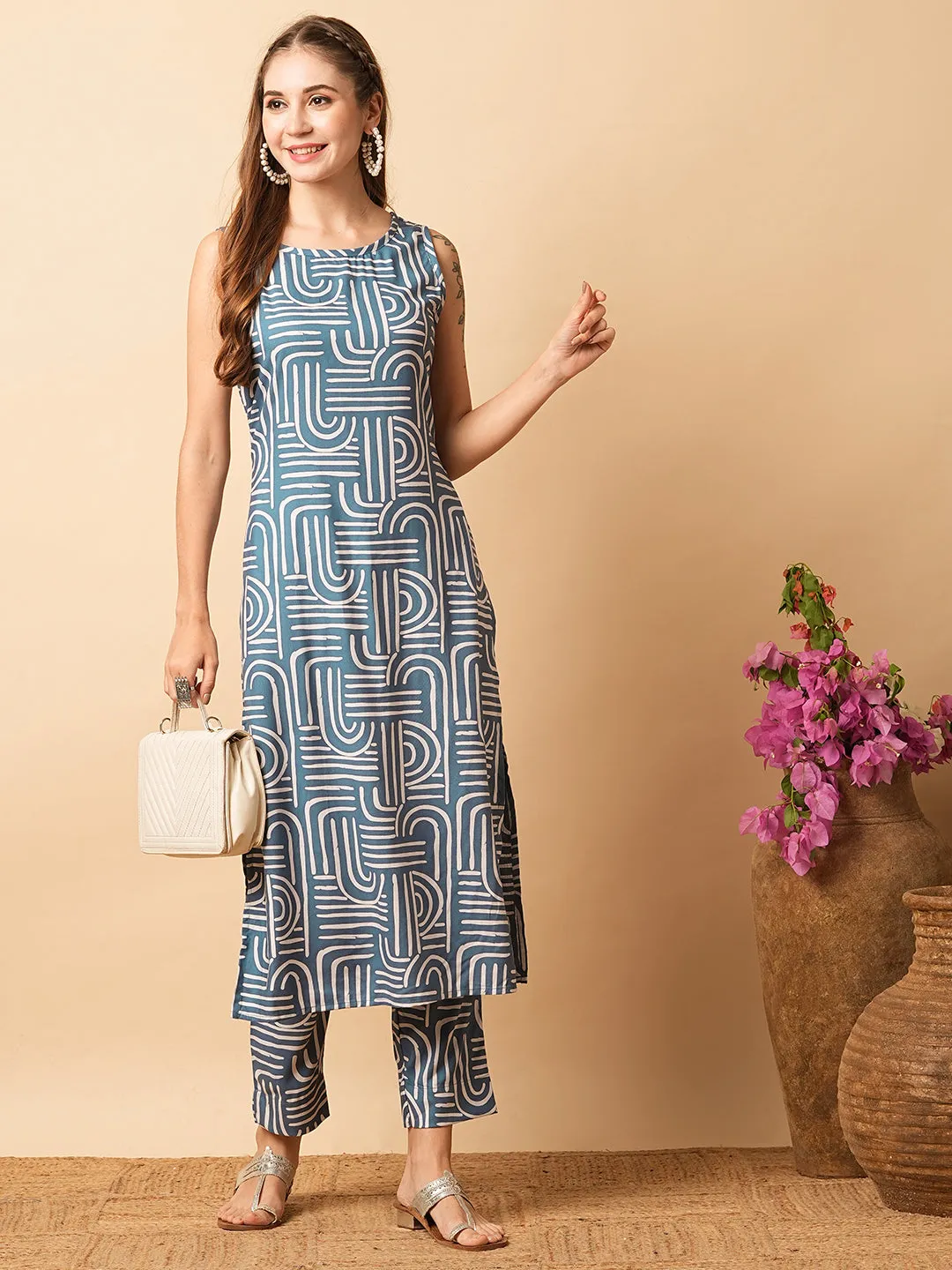 Abstract Geometric Printed Straight Fit Co-ord Set - Blue