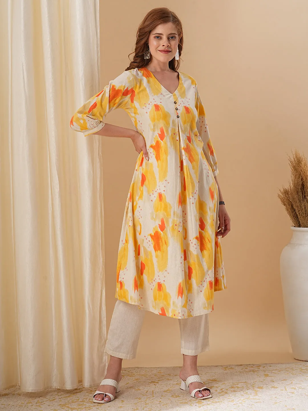 Abstract Printed A-Line Flared Kurta with Pant - Yellow