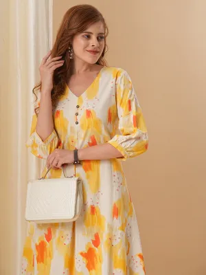 Abstract Printed A-Line Flared Kurta with Pant - Yellow