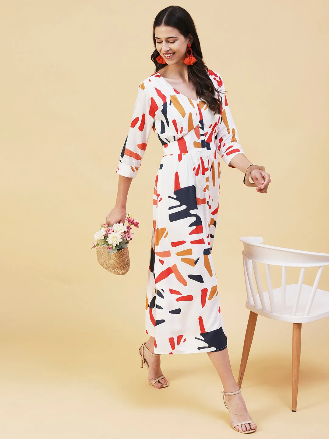 Abstract Printed A- Line Flared Midi Dress - White