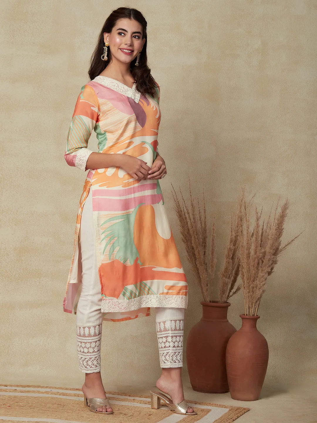 Abstract Printed & Embroidered Straight Fit Kurta - Multi