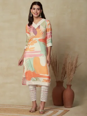 Abstract Printed & Embroidered Straight Fit Kurta - Multi