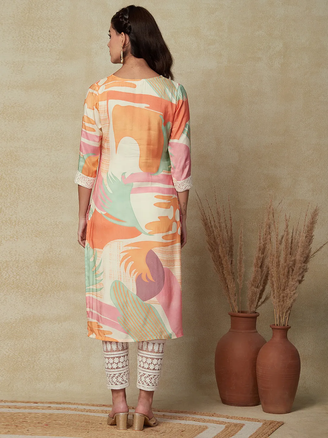 Abstract Printed & Embroidered Straight Fit Kurta - Multi